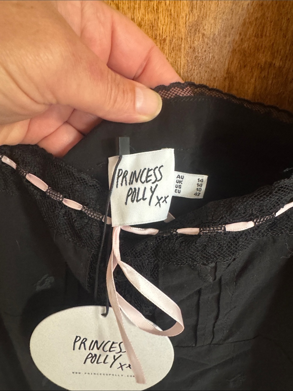 Princess Polly Black Lace-Trim Dress with Pink Ribbon Detail - Picture 2 of 5